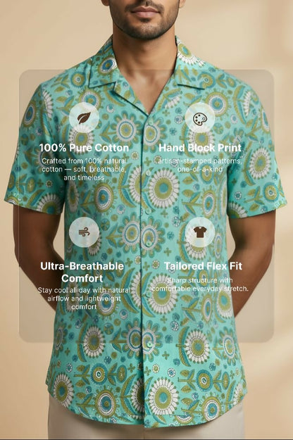 Medallion — Teal Ajrakh Cotton Shirt by Hilo Design - Dista