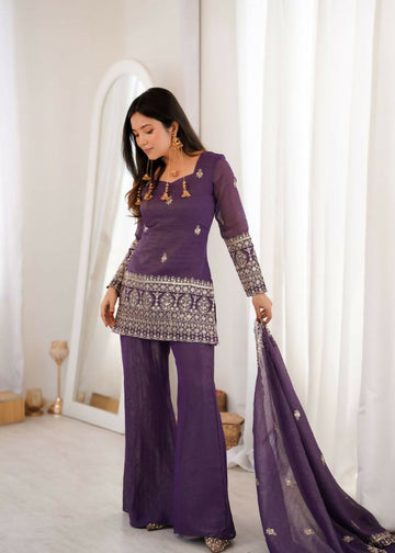 Teeya Creation Wine Purple Silk Sharara Suit With Embroidered Dupatta Set - Dista