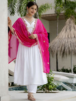Thumbnail for The52 White Women's Gorgeous Embroidered Chanderi Fabric Straight Kurta, Pant and Dupatta Set - Distacart