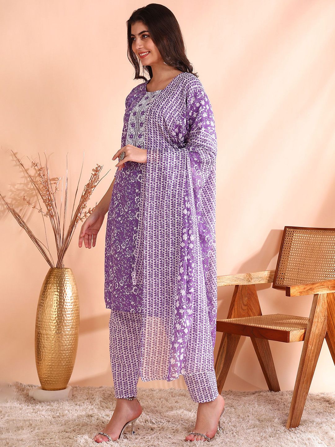 Ode by House of Pataudi Printed Mirror Work Pure Cotton Kurta With Trouser & Dupatta - Distacart