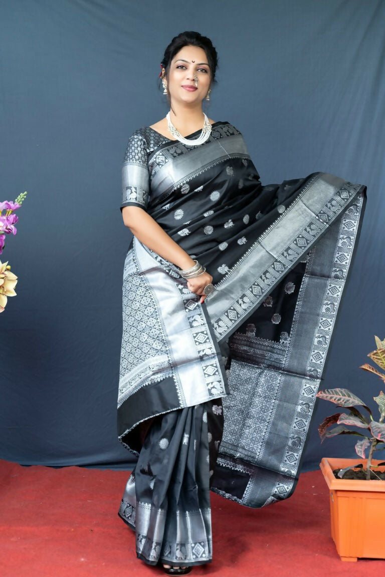 Jyoti Fashion Women's Black Soft Banarasi Silk Zari Woven Saree with Blouse - Distacart