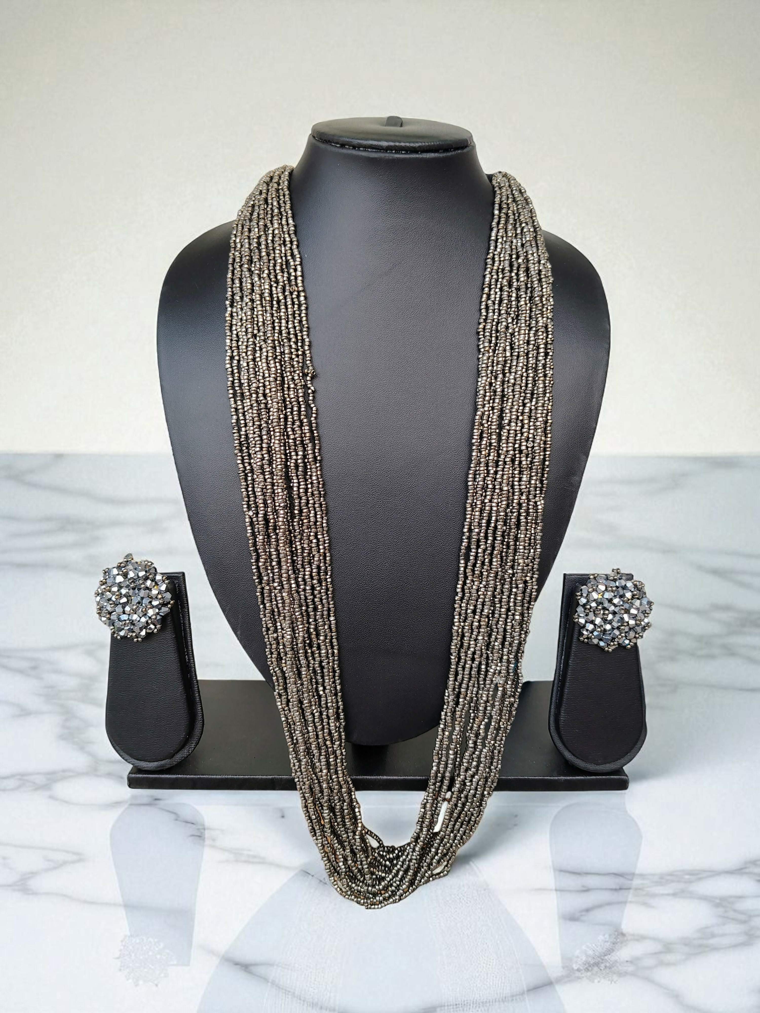 Inhanns Rangsaaz 20-Layer Luxe Long Beaded Necklace (With Optional Statement Earrings) - Silver With Earring - Distacart