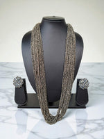 Thumbnail for Inhanns Rangsaaz 20-Layer Luxe Long Beaded Necklace (With Optional Statement Earrings) - Silver With Earring - Distacart
