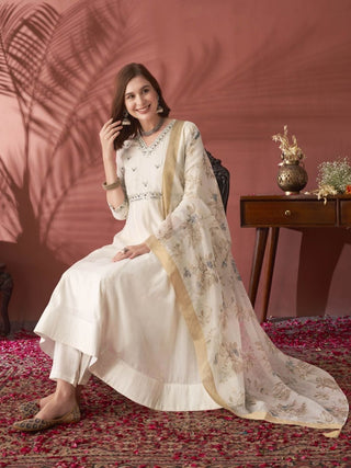 Anouk Floral Embroidered V-Neck Mirror Work Anarkali Kurta & Trousers With Dupatta - Distacart
