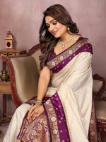 Thumbnail for Aastha Fashion Cream Kalamkari Silk Zari Woven Saree - Distacart