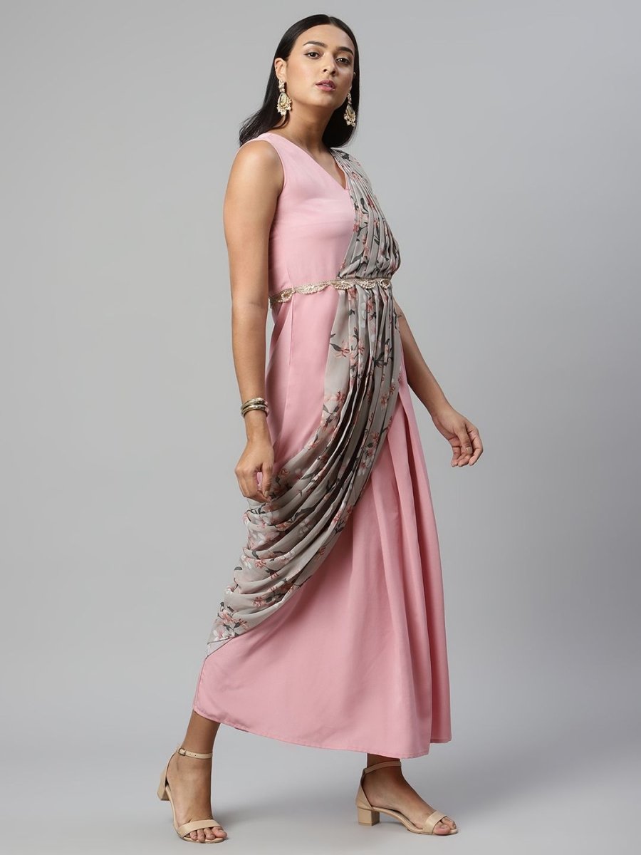 Ahalyaa Women Baby Pink Crepe Georgette Saree Dress With Printed Pallu - Distacart