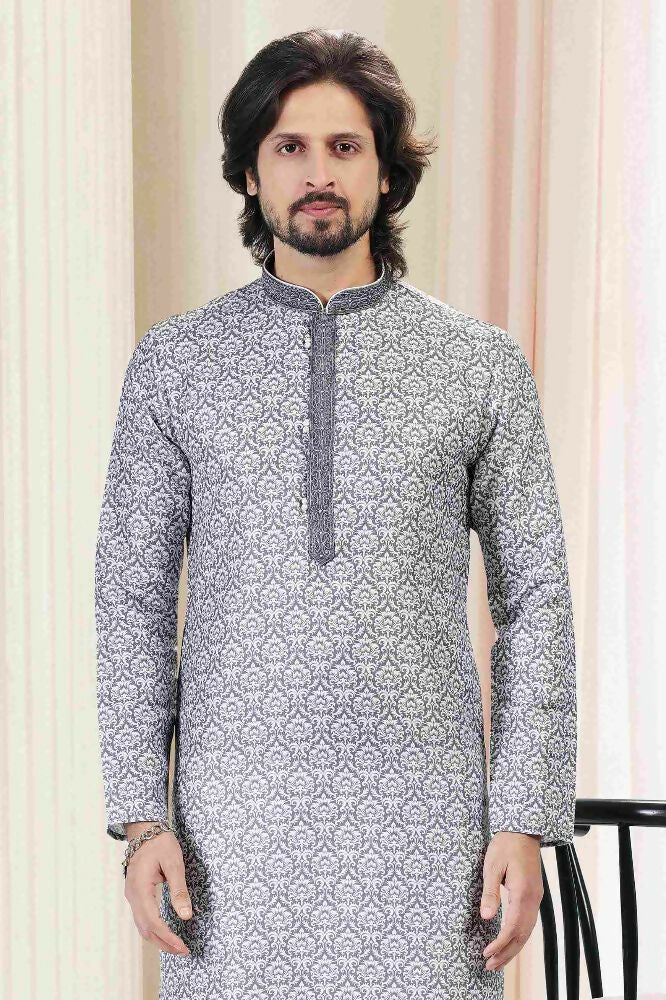 Raivat Ethnic Cotton Thread Work Kurta Pajama In Grey Colour - Dista