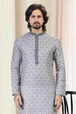 Thumbnail for Raivat Ethnic Cotton Thread Work Kurta Pajama In Grey Colour - Dista