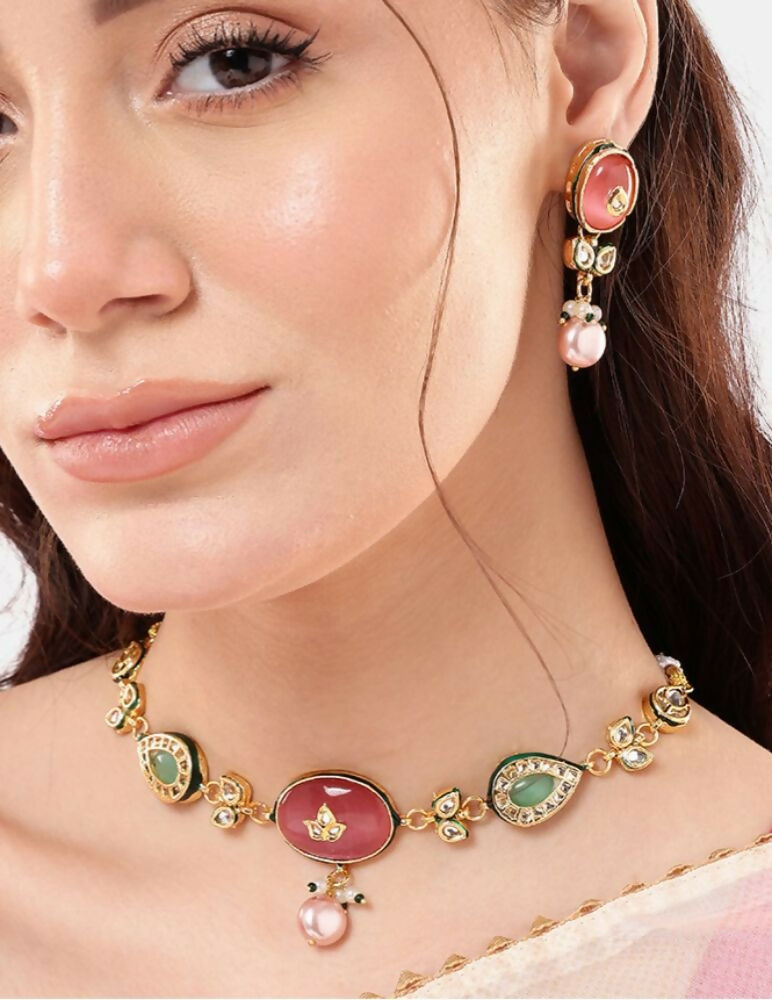 Nuyug 22K Gold Plated Radiant Rose Stone Kundan Necklace