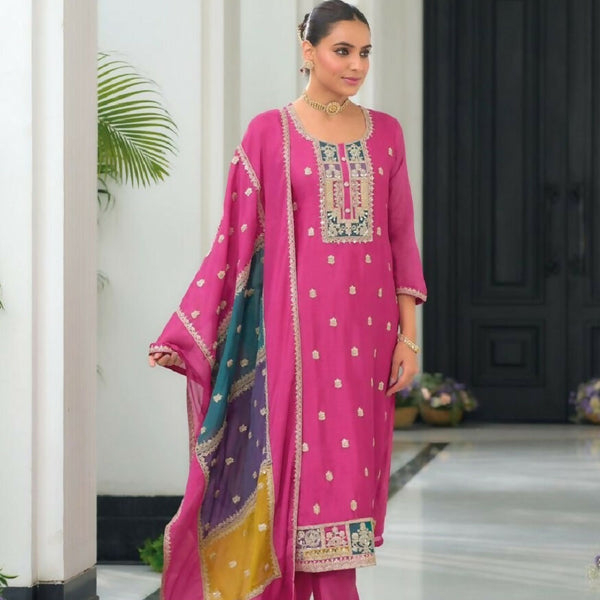 Teeya Creation Pink Color Chinon Silk Embroidery Work Wedding Wear Designer Salwar Suit - Distacart