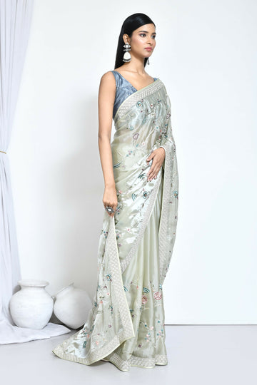 Green Satin Silk Sequence Embroidered With Stone Work Festive Saree - Nimaya Denzy - Distacart