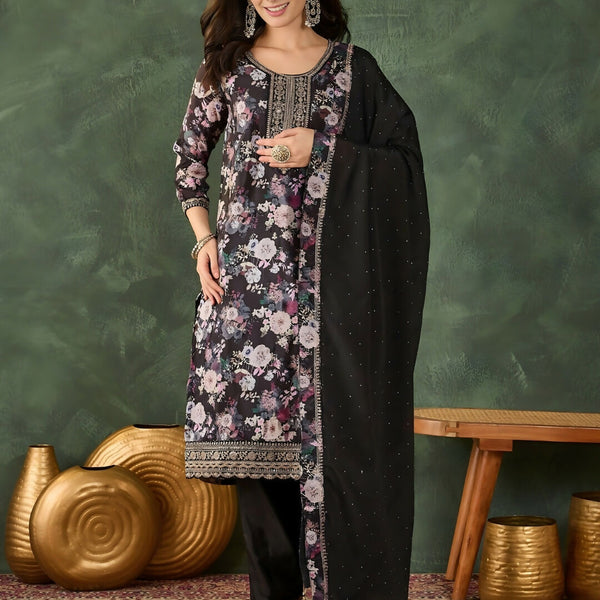 The52 Women's Beautiful Embroidery Work Chinon silk Fabric Straight Kurta Pant and Dupatta Set - Distacart