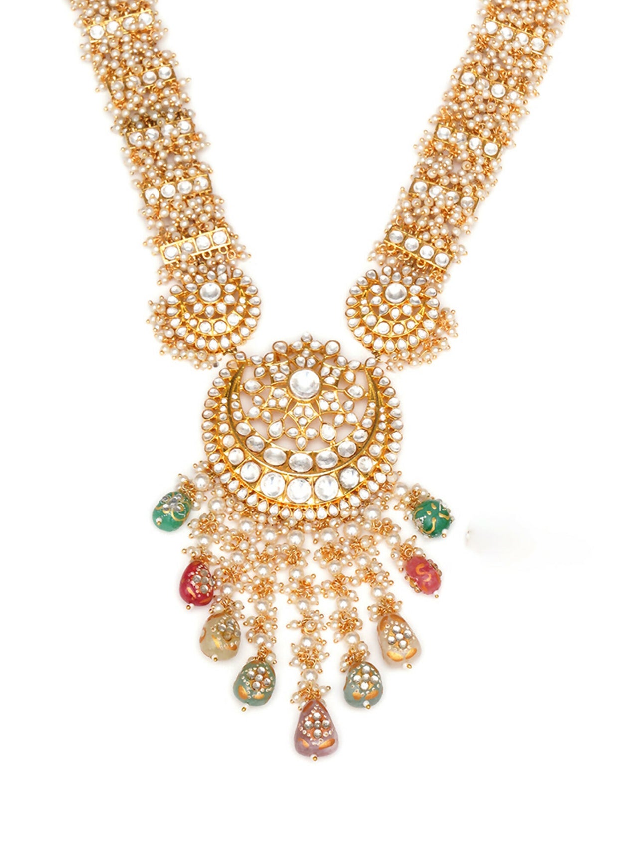 Long Kundan Neckpiece with Earrings & Maang Tikka with Multi Stones Jewellery Set (Gold) - Ruby Raang - Distacart