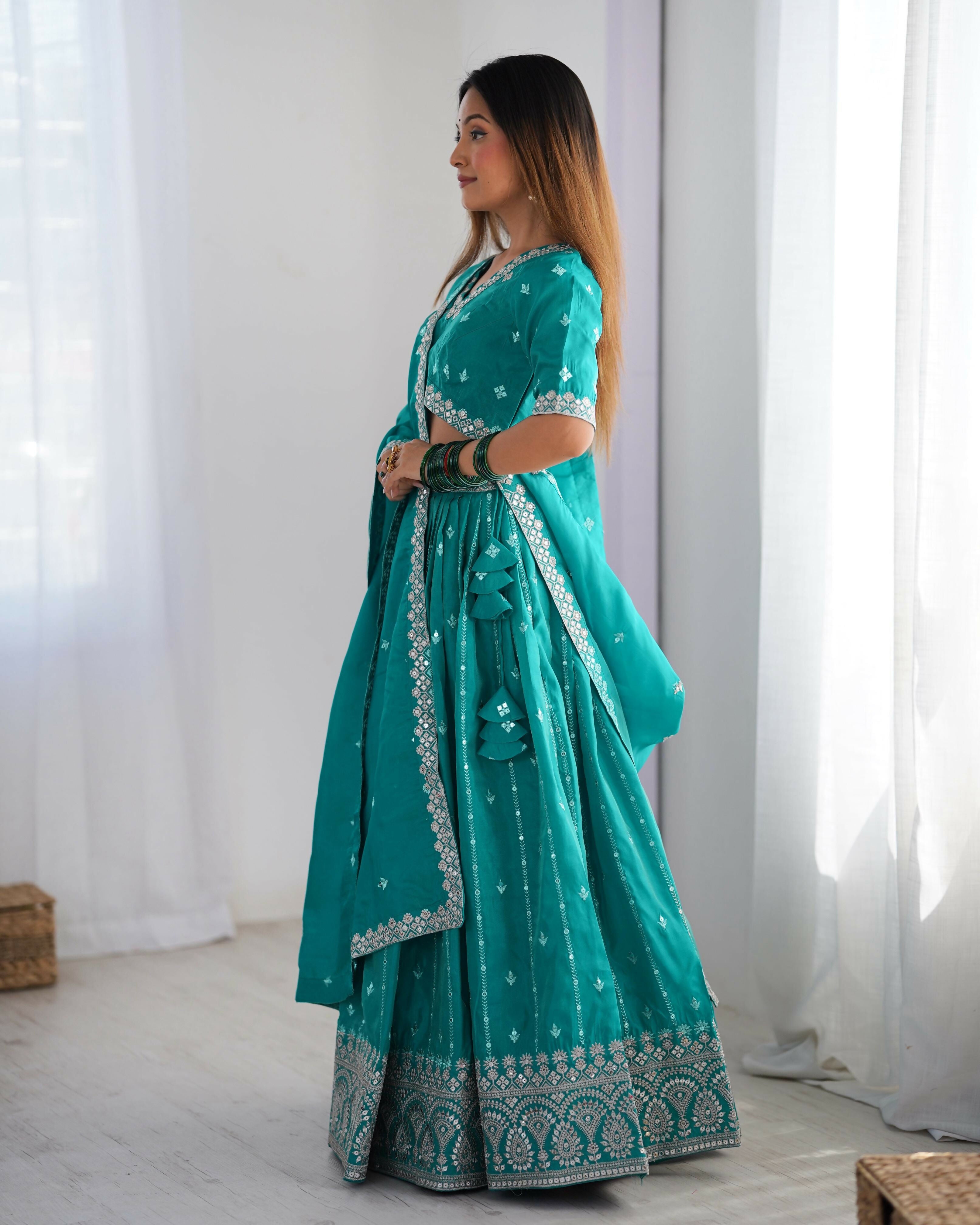 Joban Fashion Green Lehenga Shimmer silk Coding Dori with Sequence with Rivet Moti