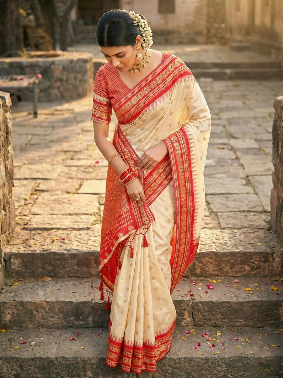 Shree Shyam Fashion Cream Soft Silk Saree - Distacart