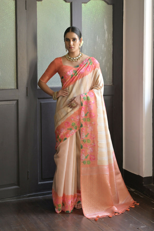 Vishnu Weaves Women's Orange Banarasi Silk Saree with Blouse - Distacart