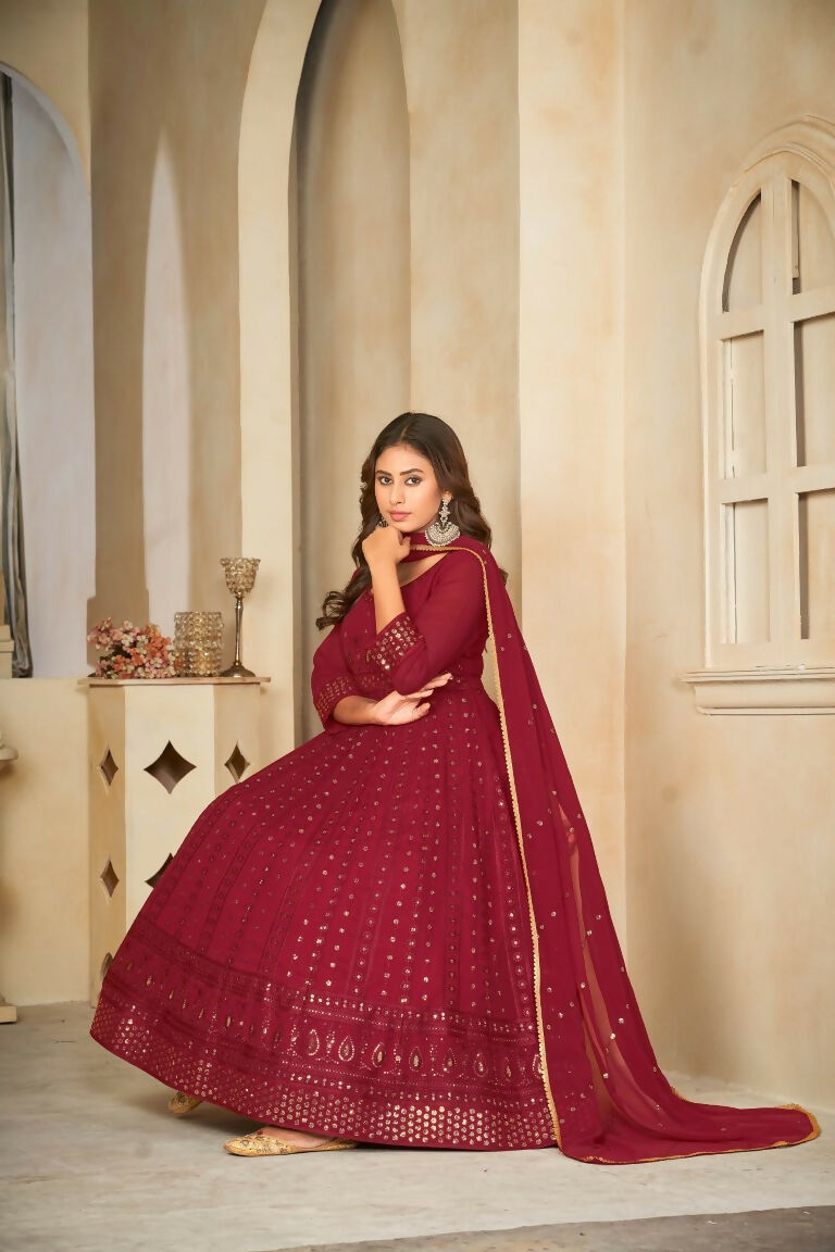 Jyoti Fashion Women's Maroon Georgette Embroidered Anarkali Kurta Pant Set With Dupatta - Distacart