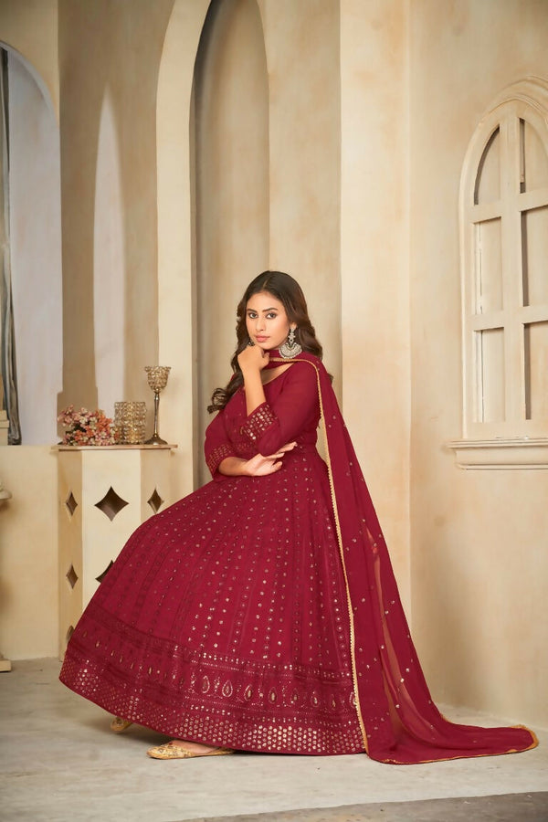 Jyoti Fashion Women's Maroon Georgette Embroidered Anarkali Kurta Pant Set With Dupatta - Distacart