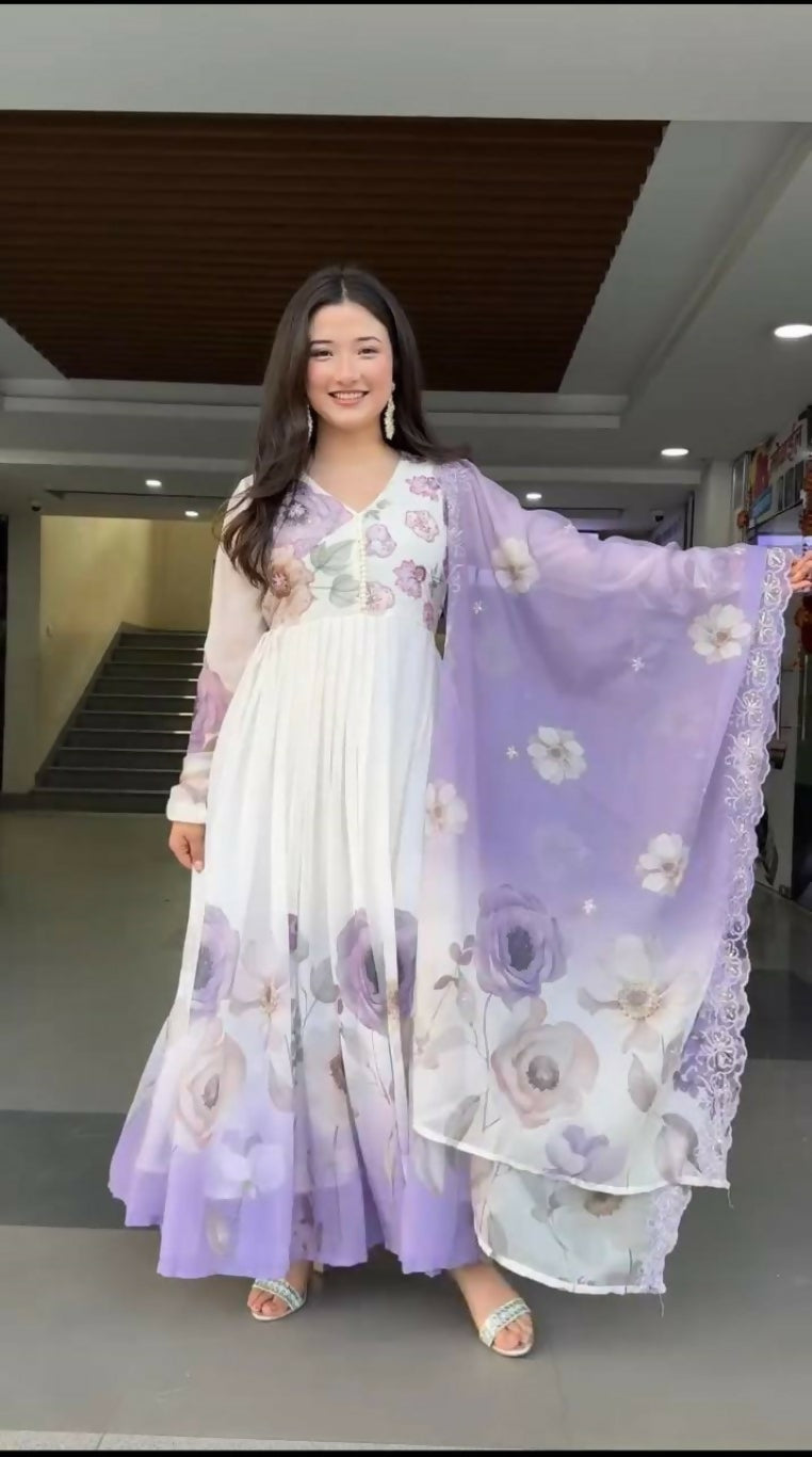 Teeya Creation Multi Color Faux Georgette Digital print With Embroidery Gown