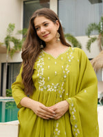 Thumbnail for The52 Lemons Women's Gorgeous Chinon Embroidered Flared Kurta with Pant And Dupatta Set - Distacart