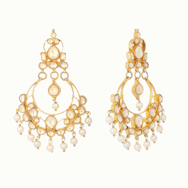 Nuyug 22K Gold Plated Kundan Studded Contemporary Shaped Pearl Drop Chandbalis