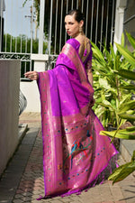 Thumbnail for Vishnu Weaves Women's Purple Paithani Silk Zari Woven Saree with Blouse