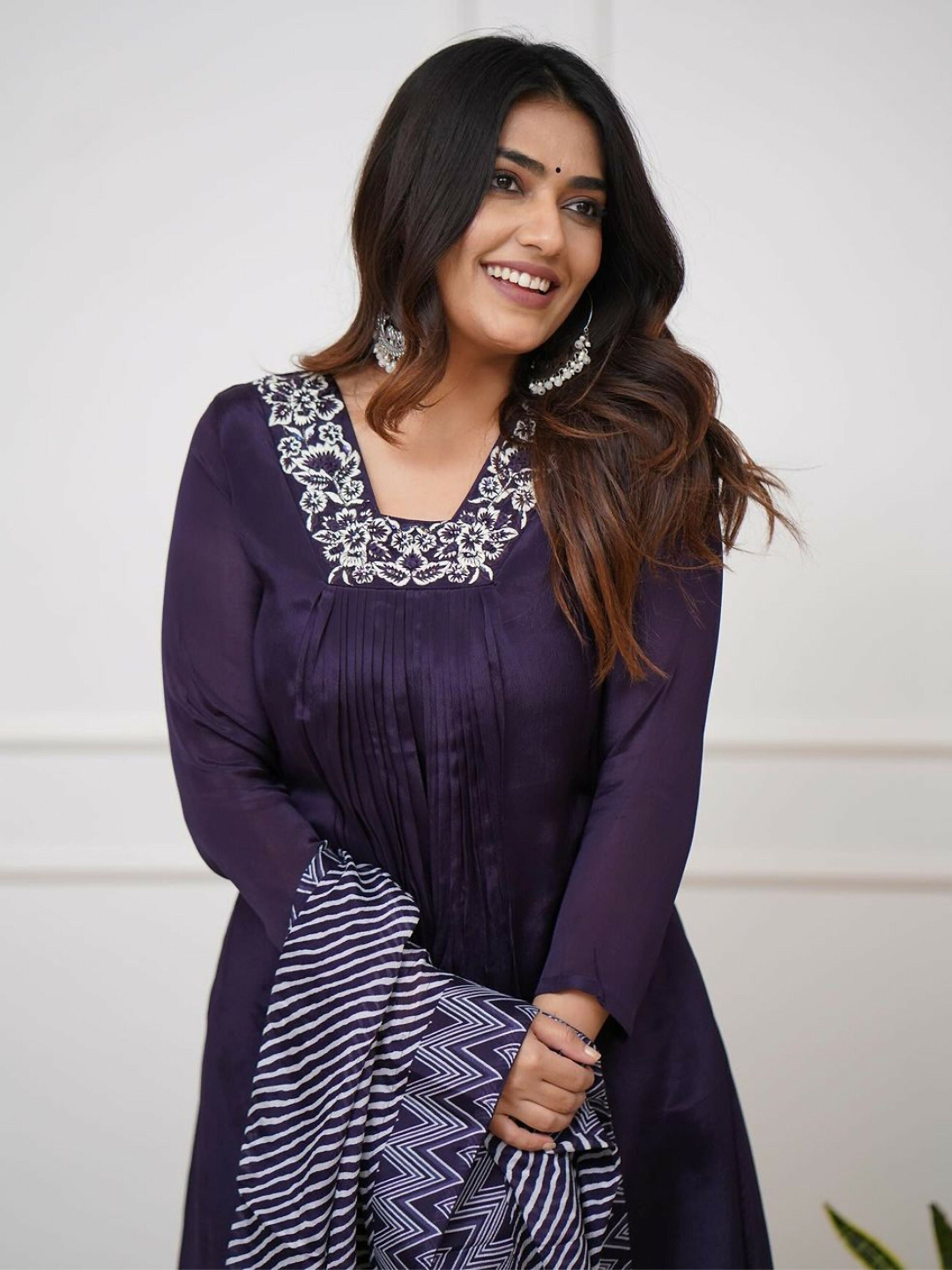 Partywear Designer Viscose Silk With Lining Wine Stitched Suit With Dupatta - Tanisha - Distacart