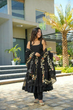Thumbnail for Preksha Creation Chinon Silk Black Women Gown With Dupatta And Pant - Black - Distacart