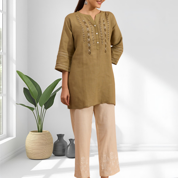 Joban Fashion Light Brown Linen Embroidered Readymade Tunic - Distacart