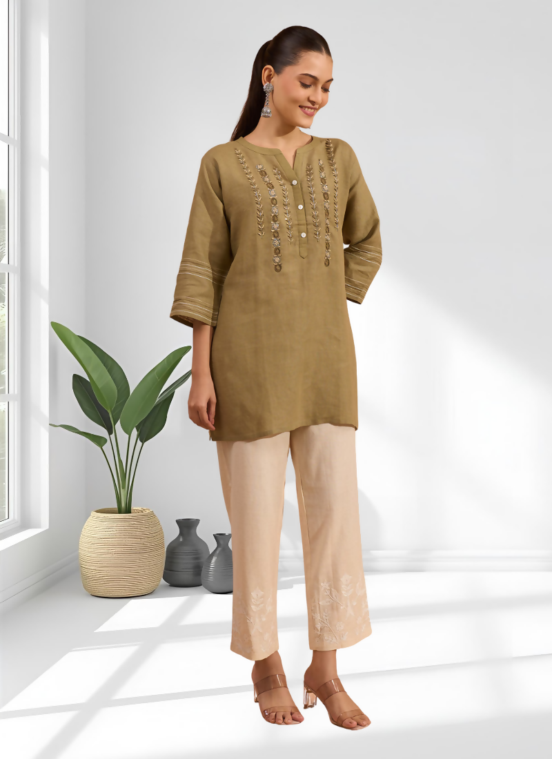 Joban Fashion Light Brown Linen Embroidered Readymade Tunic - Distacart