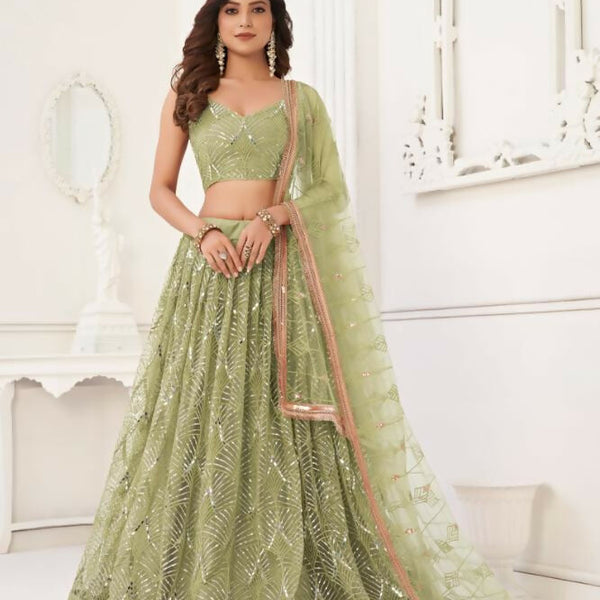 Aastha Fashion Pista Green Butterfly Net Tone To Tone Thread Work, Sequence Work And Original Mirror Work Embroidery Wedding Wear Lehenga Choli - Distacart
