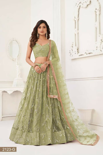 Aastha Fashion Pista Green Butterfly Net Tone To Tone Thread Work, Sequence Work And Original Mirror Work Embroidery Wedding Wear Lehenga Choli - Distacart