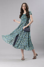 Thumbnail for Souchii Teal & Blue Floral Printed Fit & Flare Dress