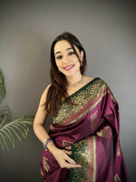 Thumbnail for Joban Fashion Maroon Banarasi Soft Silk Peacock Butta Work Saree - Distacart