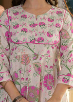 Thumbnail for Jaimini Women Cotton Printed Round Neck 3/4 Sleeves Calf Length Flared Kurta Pant And Dupatta Set - Dista
