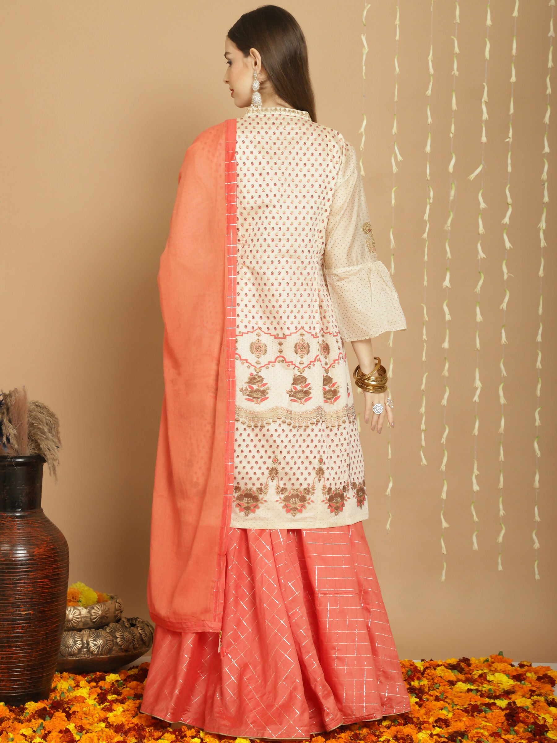 Jyoti Fashion Women's Cream Chanderi Silk Elegant Jardoshi Semi Kurta with Trouser & Dupatta - Distacart