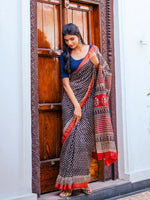 Thumbnail for Zibaa Hand-Blocked Pure Maheshwari Silk Navy Blue Saree