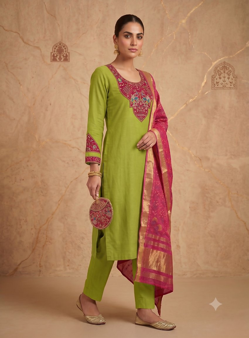 Teeya Creation Women Lime Green Embroidered Straight Kurta With Rani Pink Dupatta And Pant Set - Dista