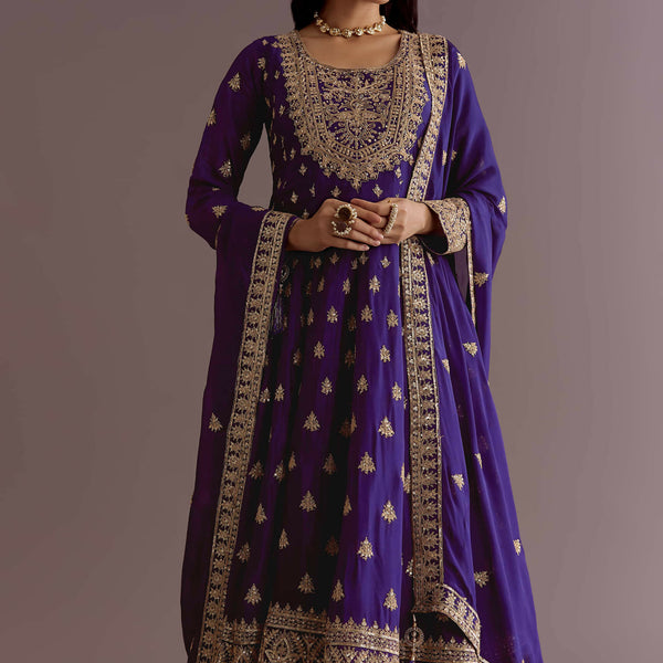 Teeya Creation Purple Color Chinnon Silk Embroidery Work Gown - Distacart