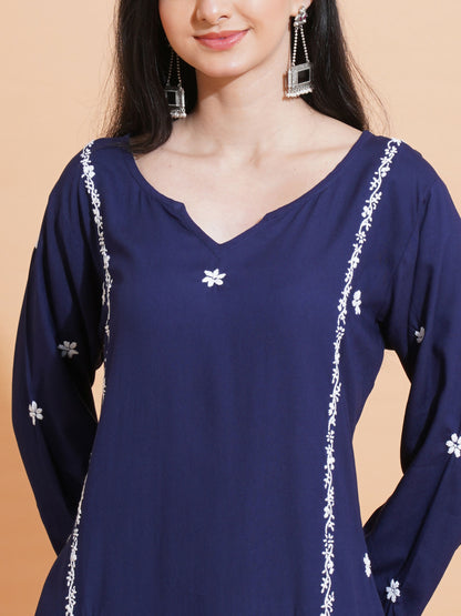 Pahnaz Luxury Rayon Chikankari Long Kurti-Blue - Dista