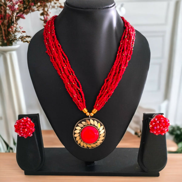 Inhanns All-Day Statement Beaded Necklace Set - Red - Distacart