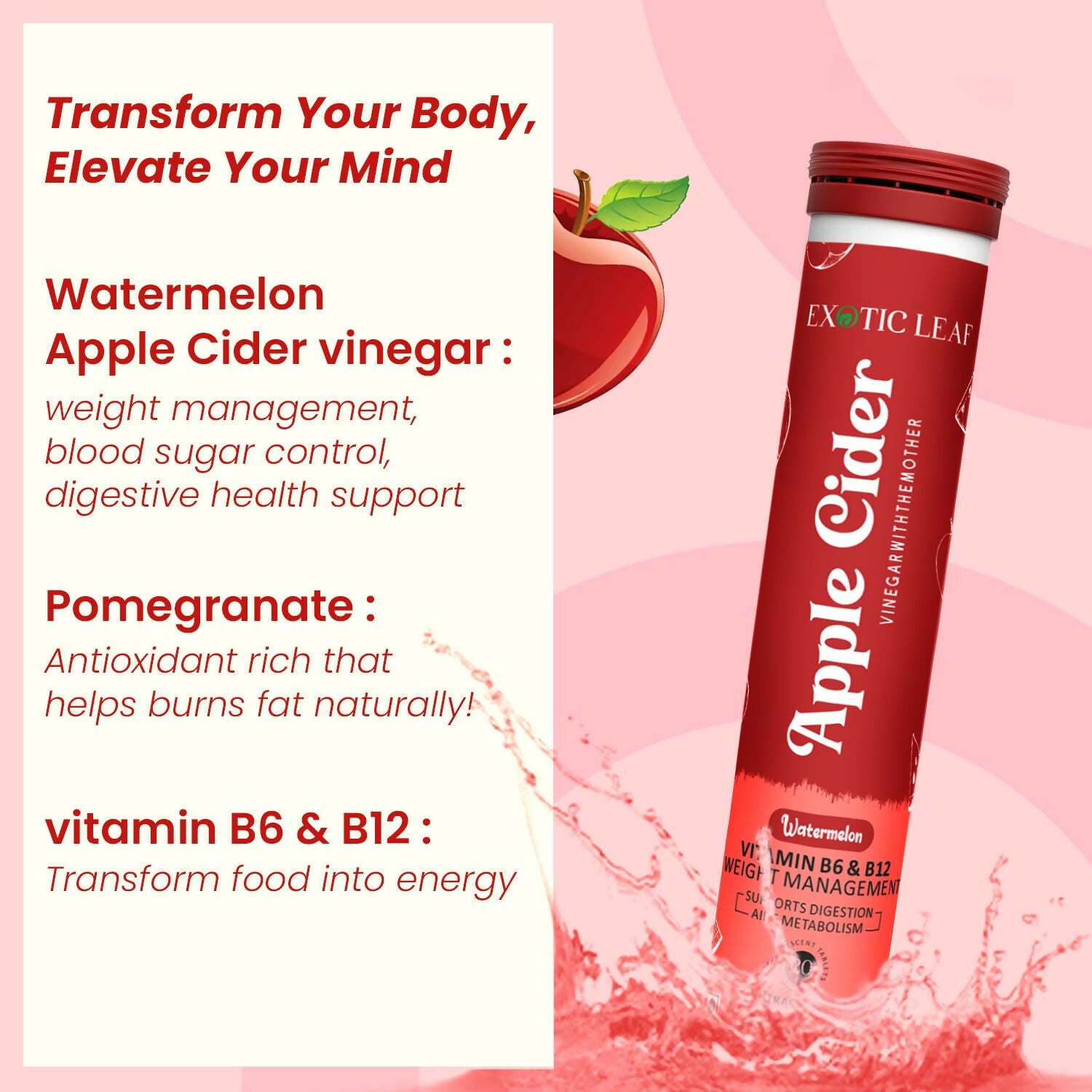 Exotic Leaf Watermelon Apple Cider Vinegar Tablets - Distacart