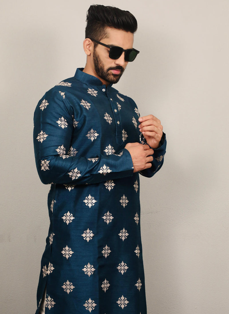 Prazu Fashion Aqua Blue Silk Copper Sequence Work Kurta