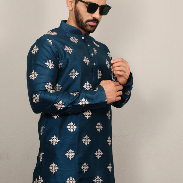 Prazu Fashion Aqua Blue Silk Copper Sequence Work Kurta