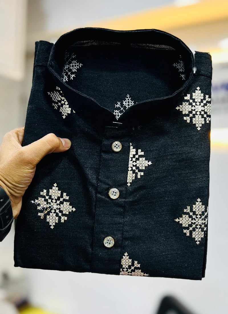 Prazu Fashion Black Silk Copper Sequence Work Kurta