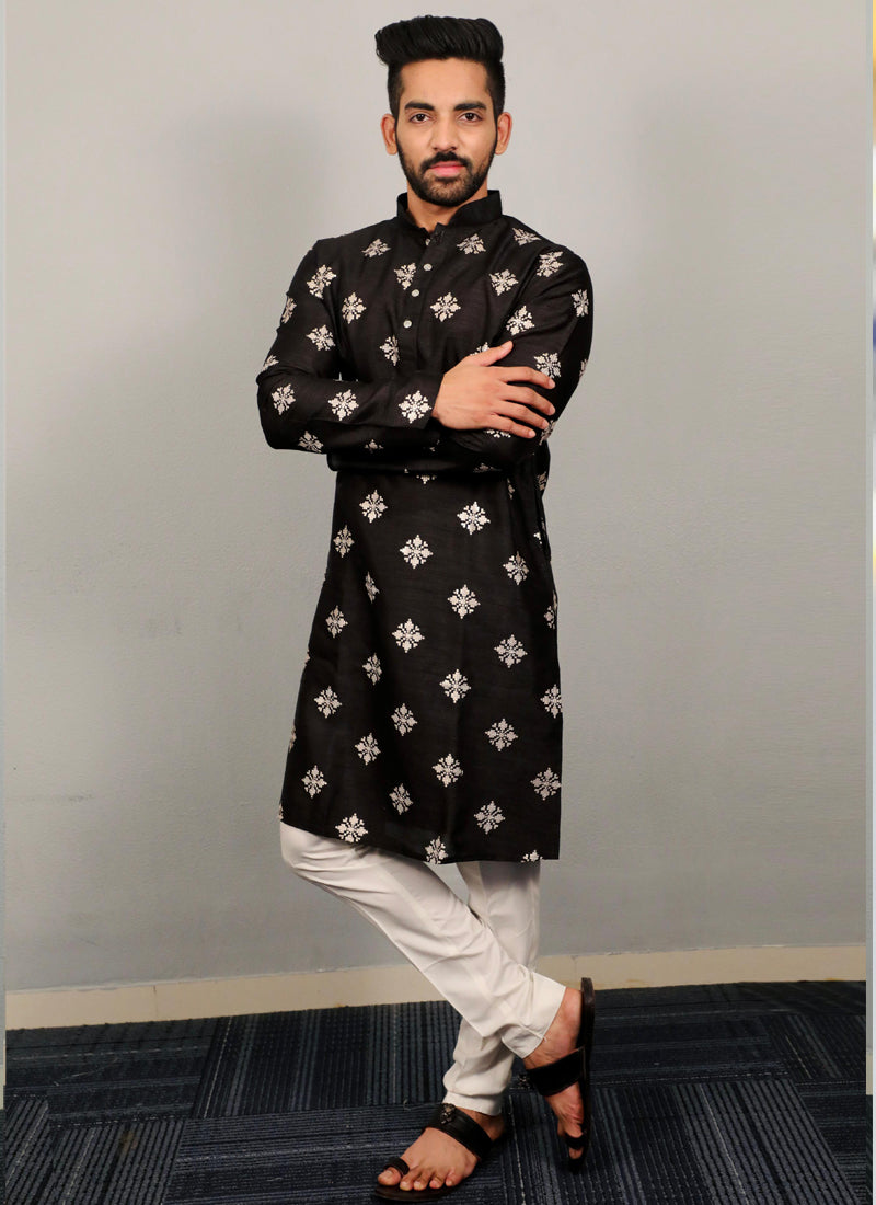 Prazu Fashion Black Silk Copper Sequence Work Kurta