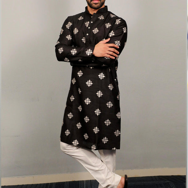Prazu Fashion Black Silk Copper Sequence Work Kurta