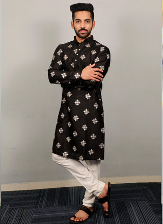 Prazu Fashion Black Silk Copper Sequence Work Kurta