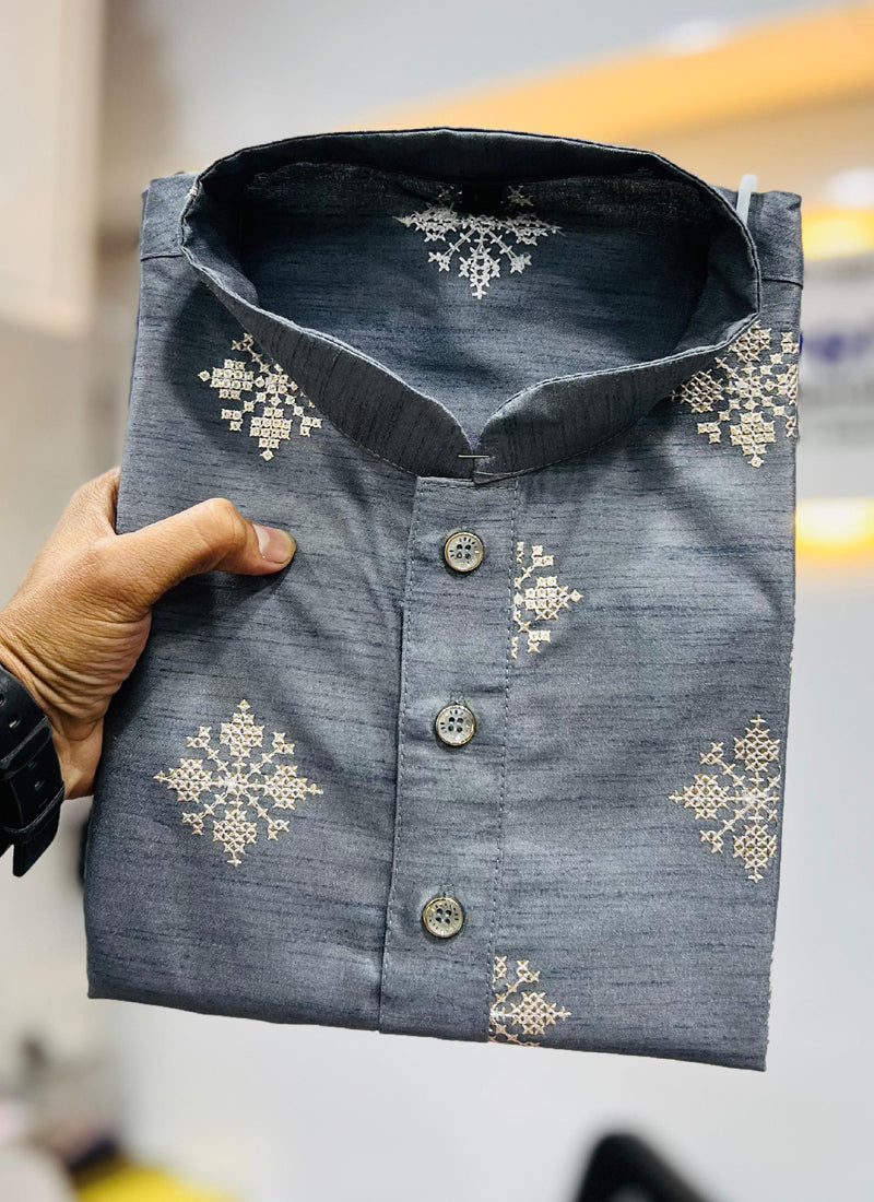 Prazu Fashion Grey Silk Copper Sequence Work Kurta