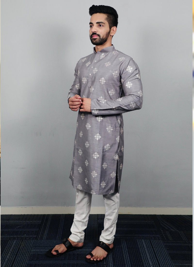 Prazu Fashion Grey Silk Copper Sequence Work Kurta